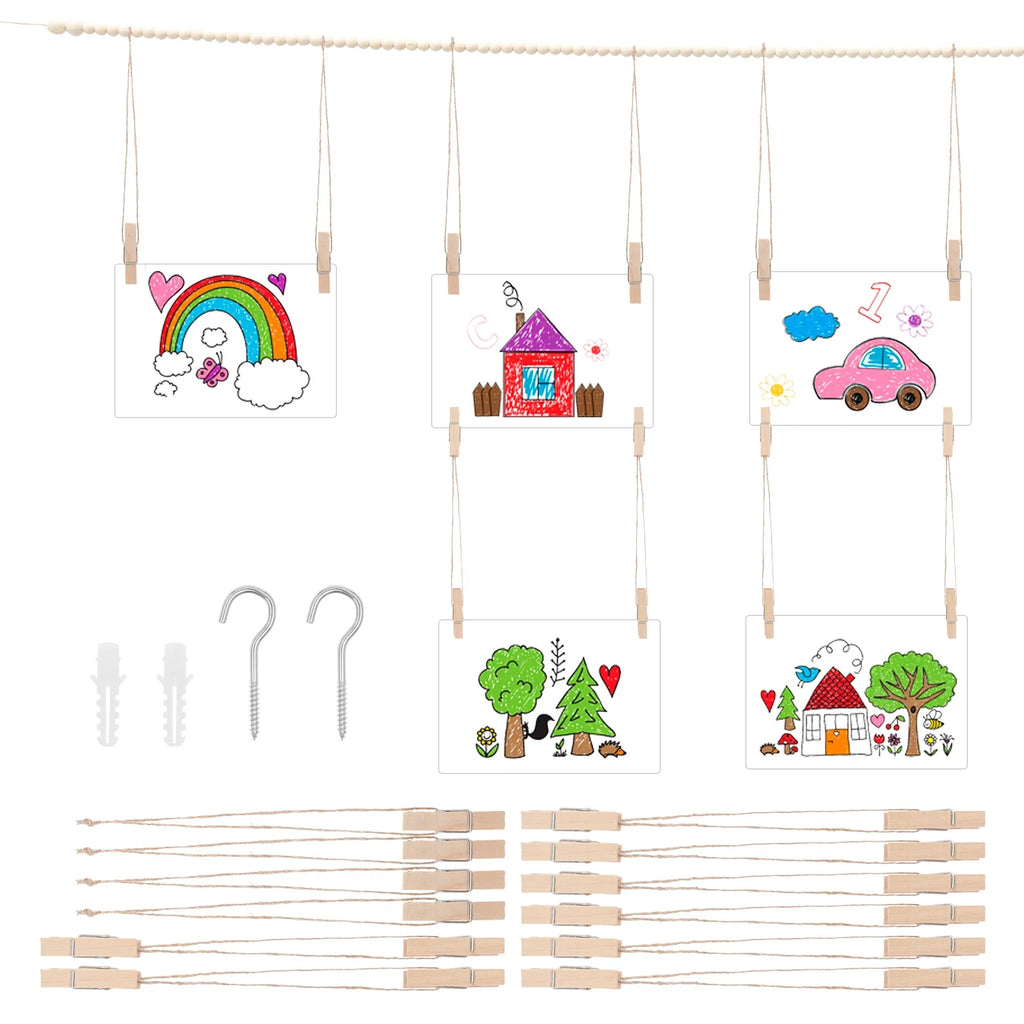 Kids Artwork Display – Wooden Bead Hanging Clip Wall Decor