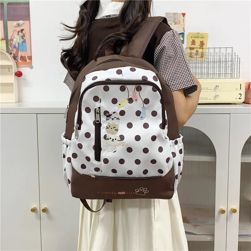 Cartoon Kitten Backpack – Korean Polka-Dot Lightweight Canvas