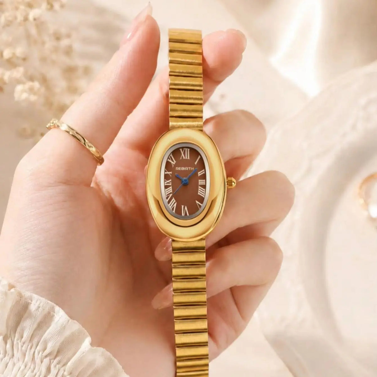 REBIRTH Vintage Oval Gold Women's Quartz Watch Roman Numeral