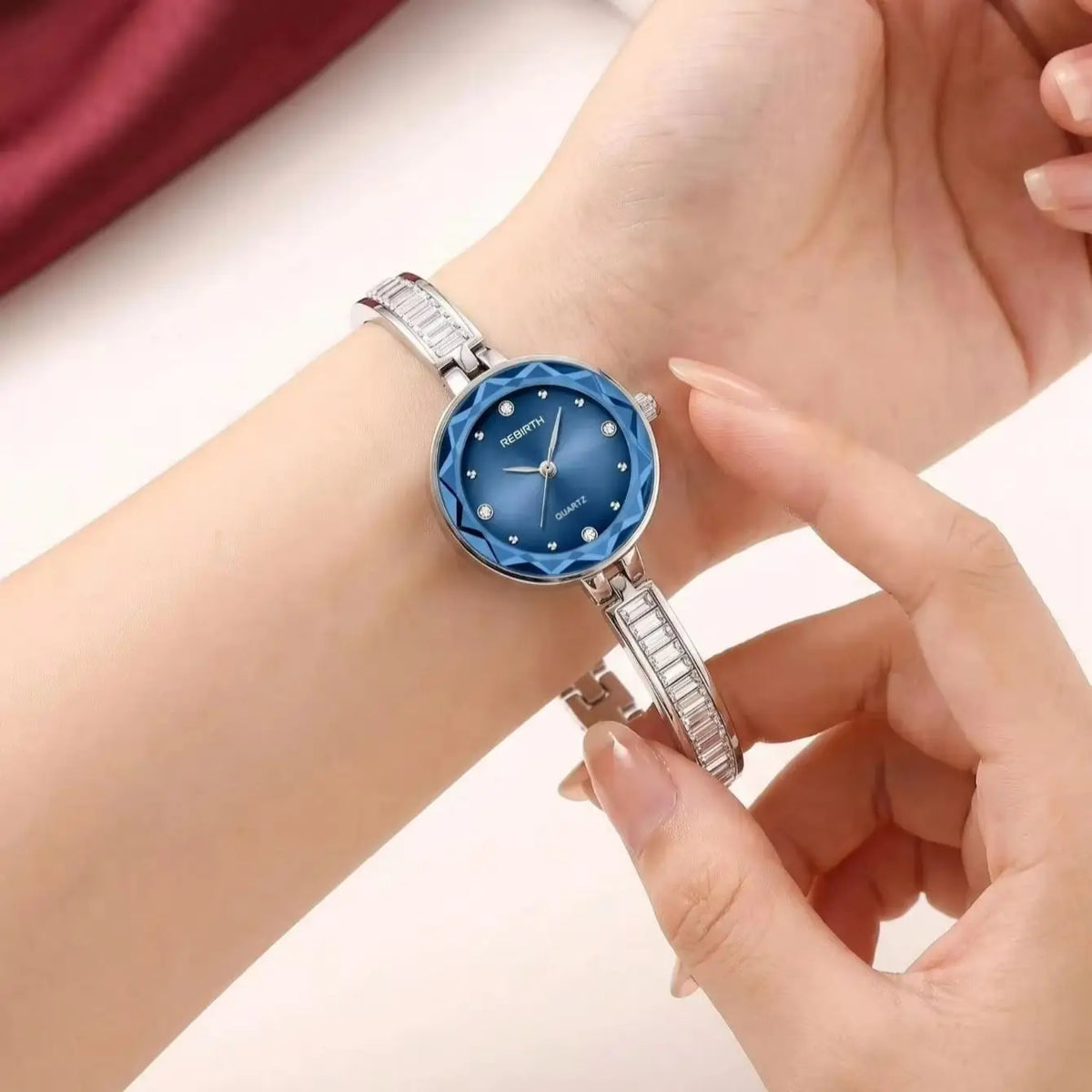 REBIRTH Women's Blue Dial Diamond Quartz Watch | Steel Band