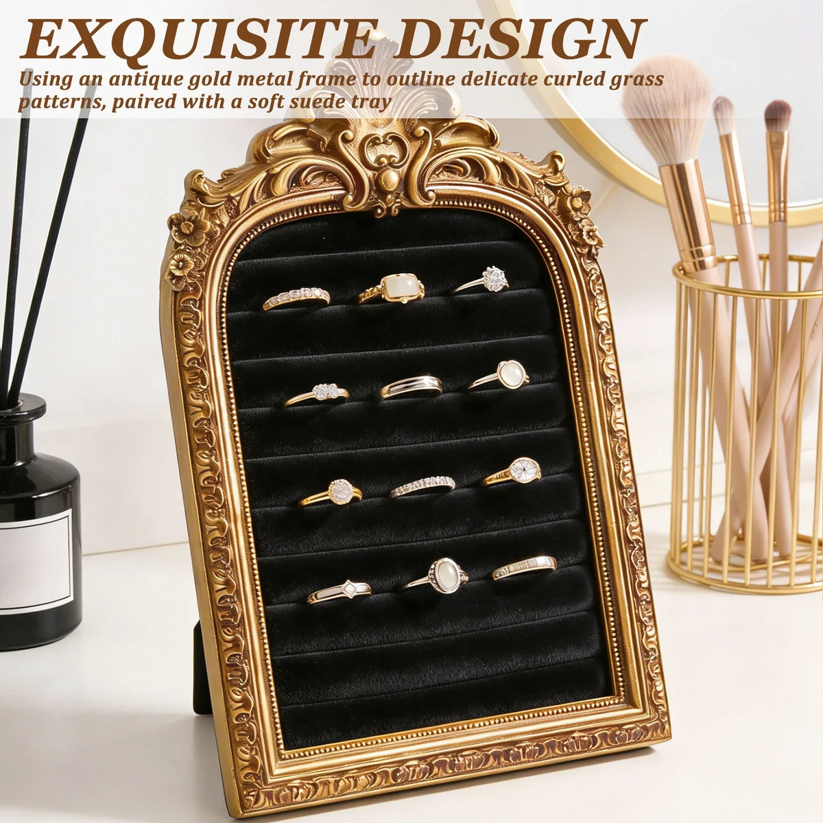 Vintage Gold Ring Display Stand & Velvet Earring Tray | Baroque