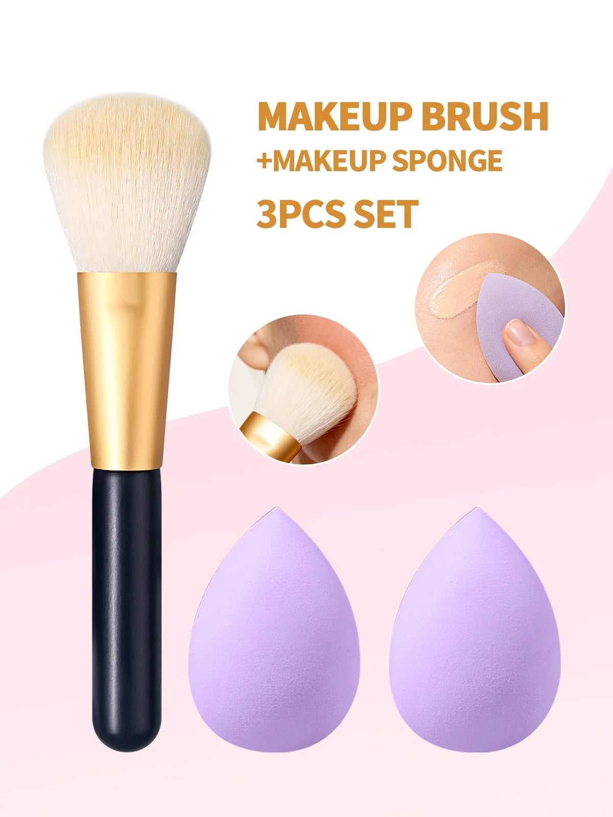 3-Piece Makeup Set: Blush Brush + 2 Water Drop Sponges