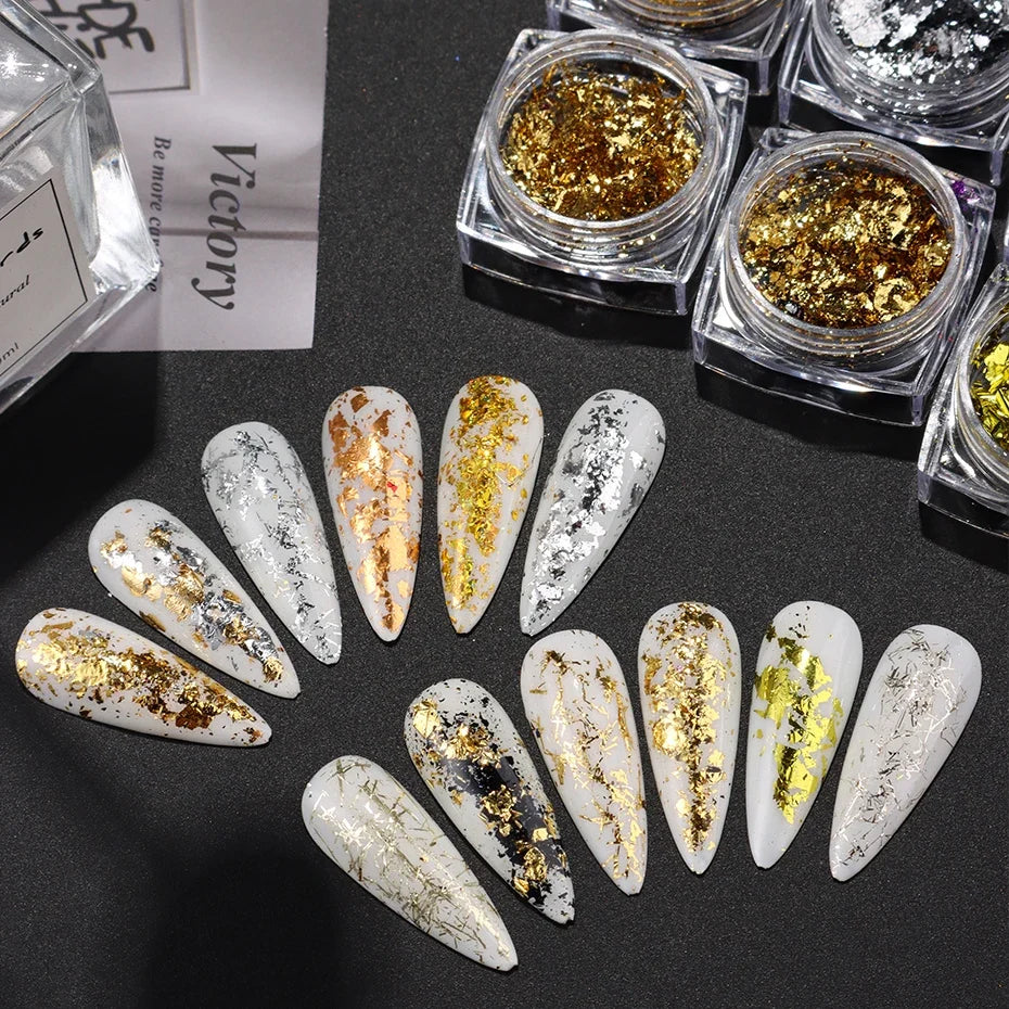Gold Silver Holographic Nail Foil Flakes – 12pc Glitter Kit