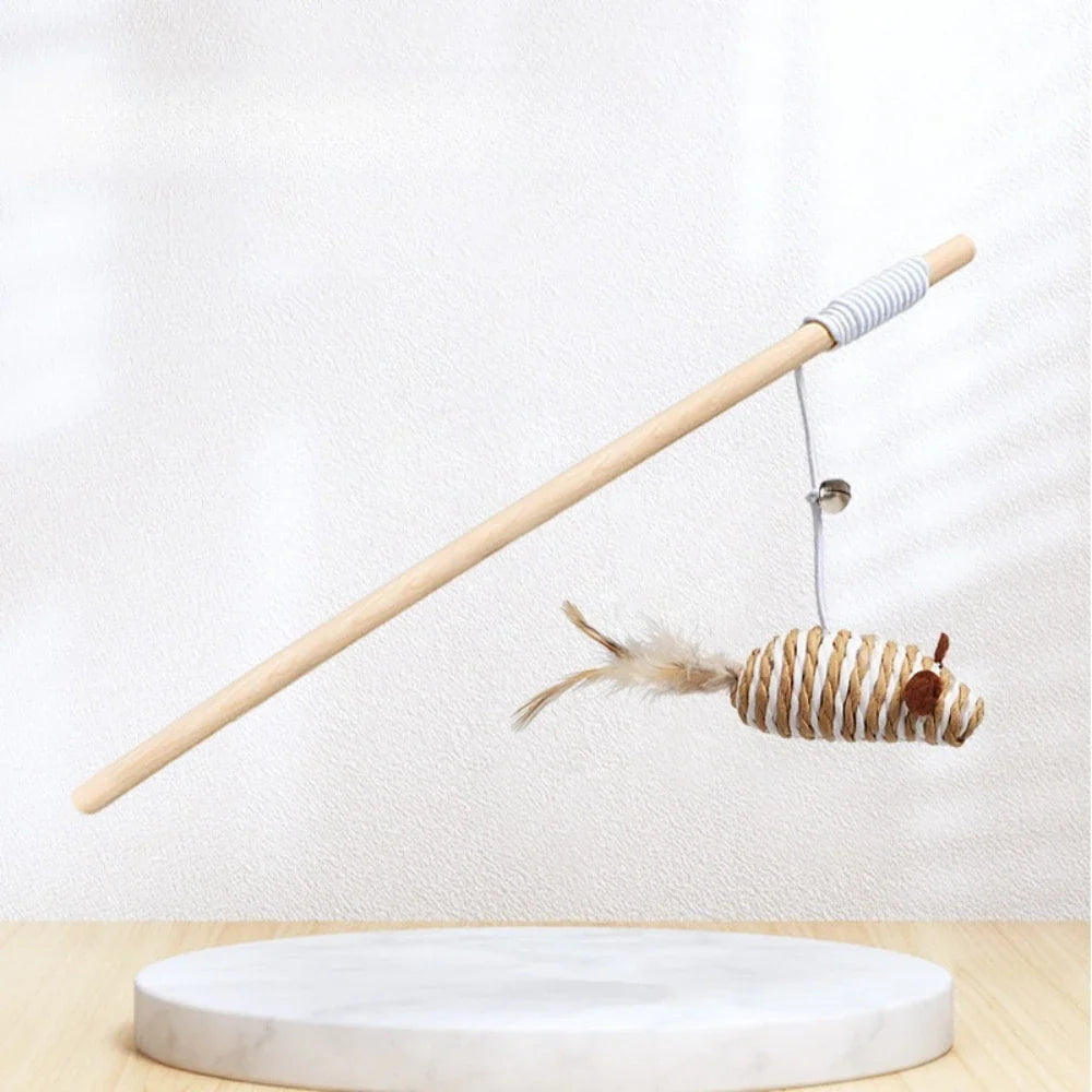 Wooden Handle Cat Teaser Wand – Feather, Bell & Elastic String