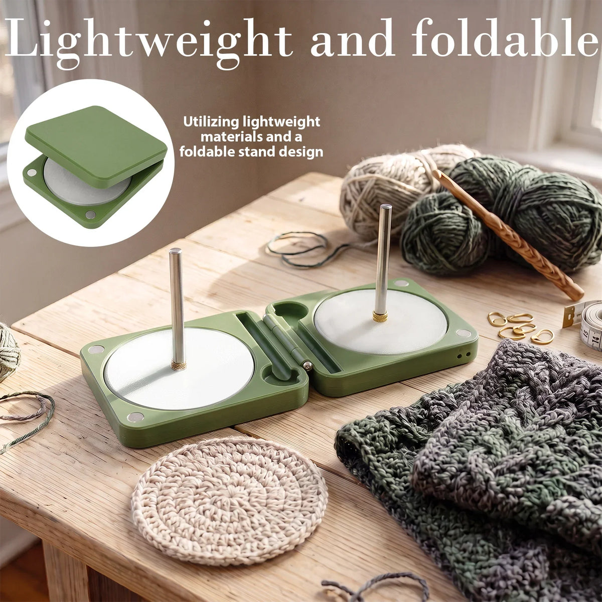 Foldable Portable Yarn Holder with Dual Spindles & Crochet Hooks