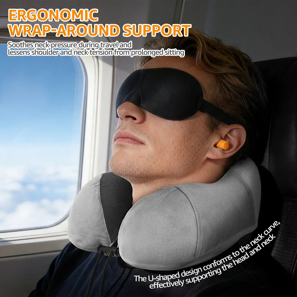 U-Shape Memory Foam Travel Neck Pillow Set with Eye Mask & Earplugs