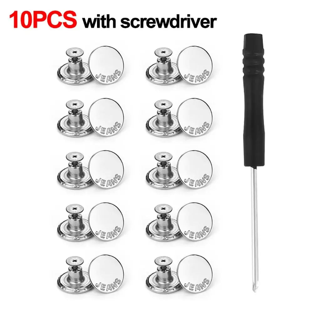 10Pcs 17mm Metal Jeans Buttons No-Sew Shank Buttons + Screwdriver