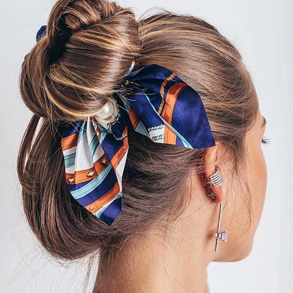 Chiffon Pearl Bow Hair Scrunchies – Women's Ponytail Holder
