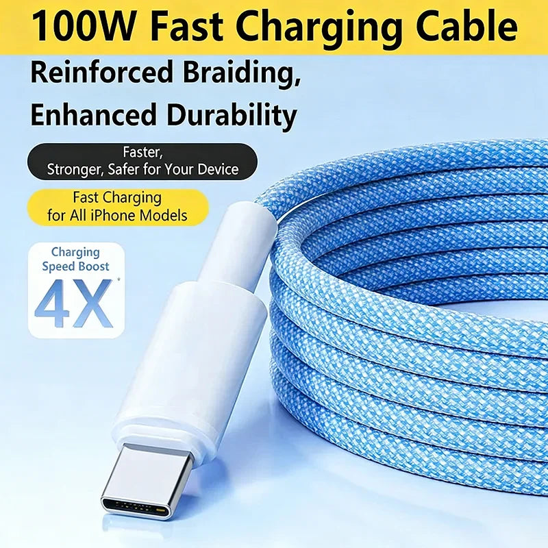 100W USB-C Braided Fast Charge Cable – 6A Type-C, 1M