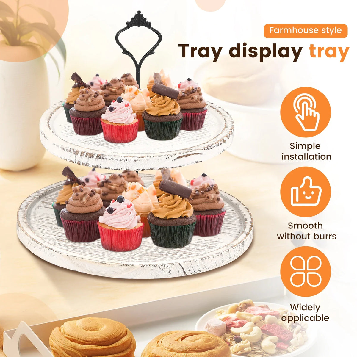 Wooden 2-Tier Round Farmhouse Serving Tray & Cupcake Stand