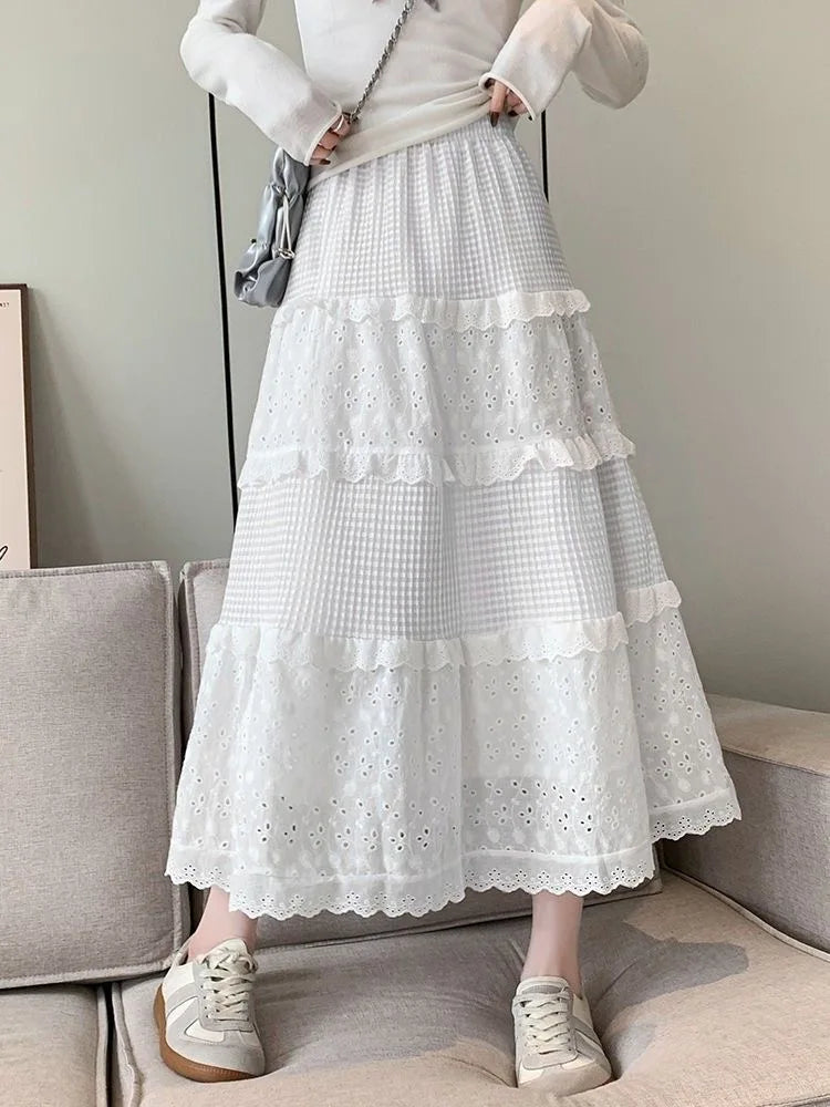 Women's Vintage High Waist A-Line Long Skirt – White & Black