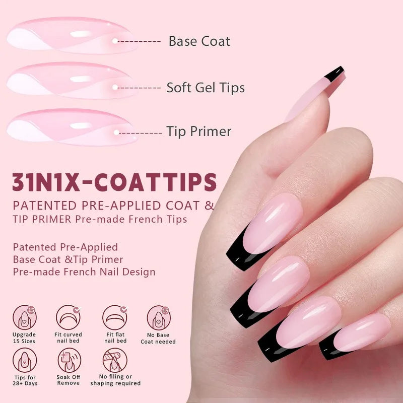 Black Pink French Tip Press On Nails with Rhinestone 24pcs