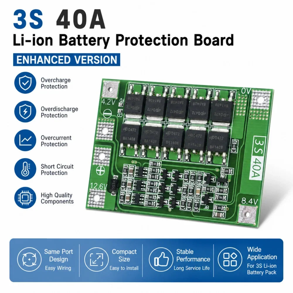 BMS 3S 12V 40A Lithium Battery Protection Board – 18650