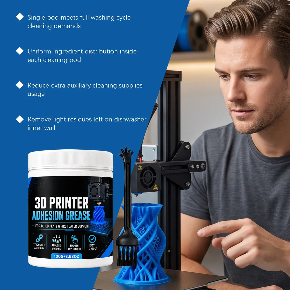 3D Printer Bed Adhesion Grease with Brush | PLA ABS PETG