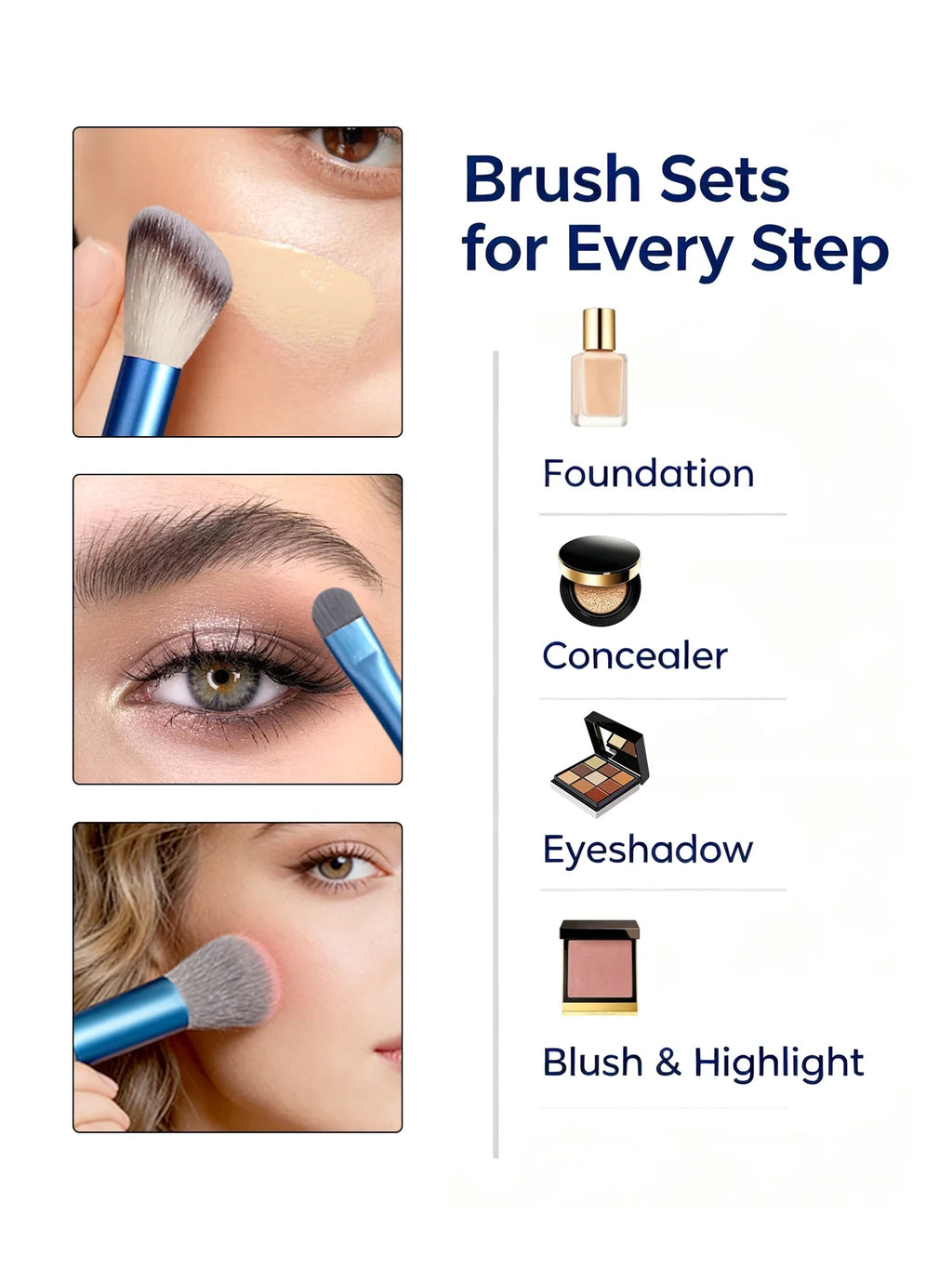 15Pc Makeup Brush Set + 2 Triangle Puffs | Pro Synthetic Kit