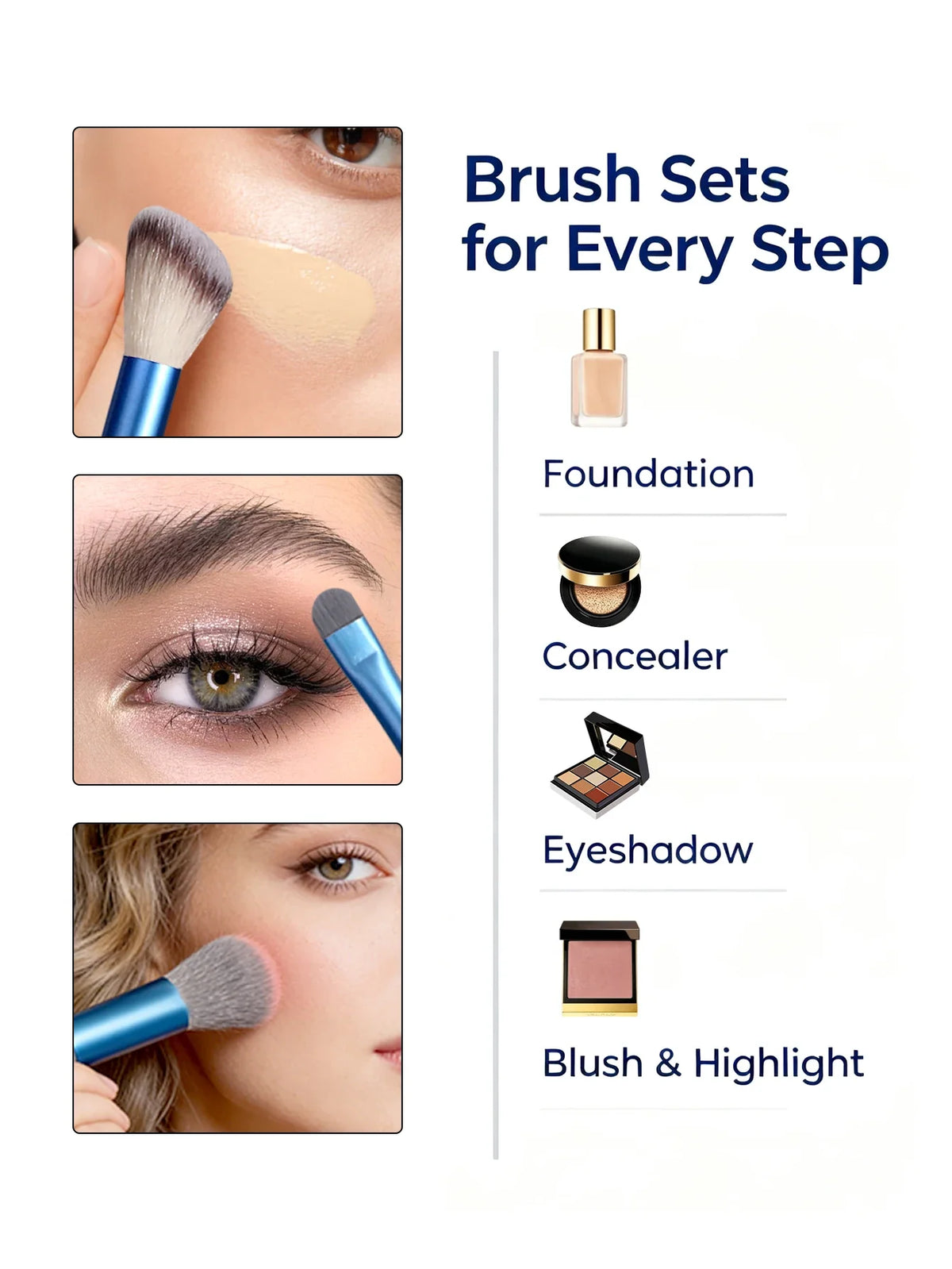 15Pc Makeup Brush Set + 2 Triangle Puffs | Pro Synthetic Kit
