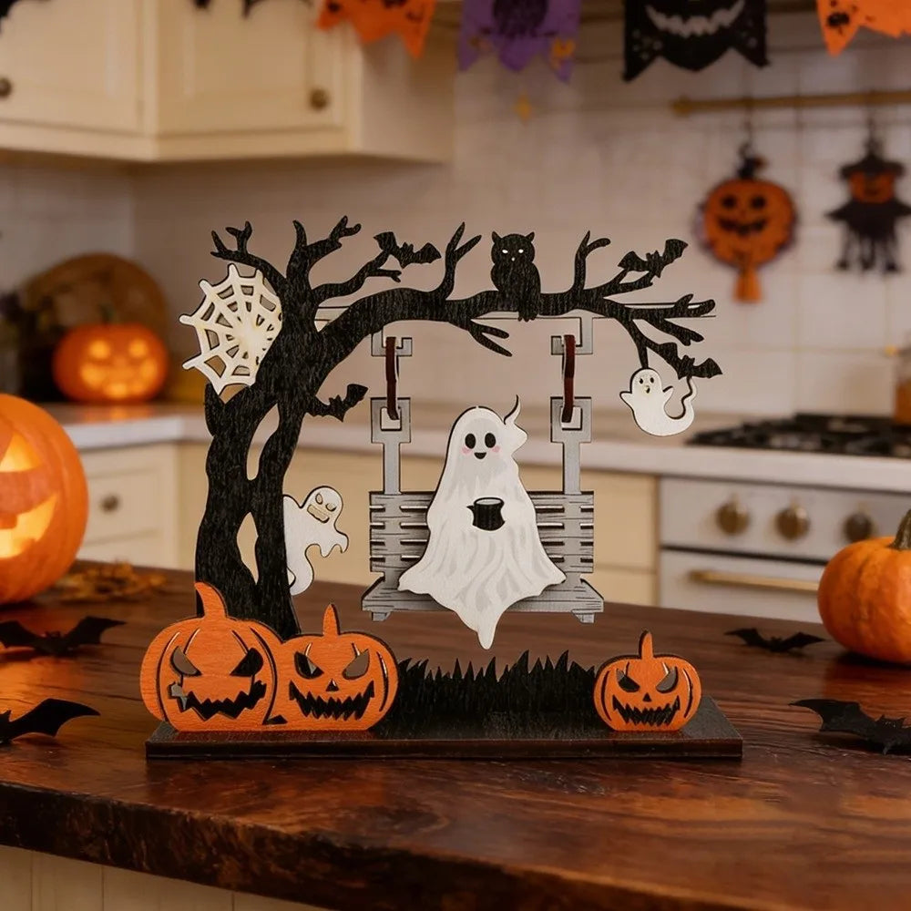 Wooden Halloween Pumpkin Spirit Swing Desktop Ornament