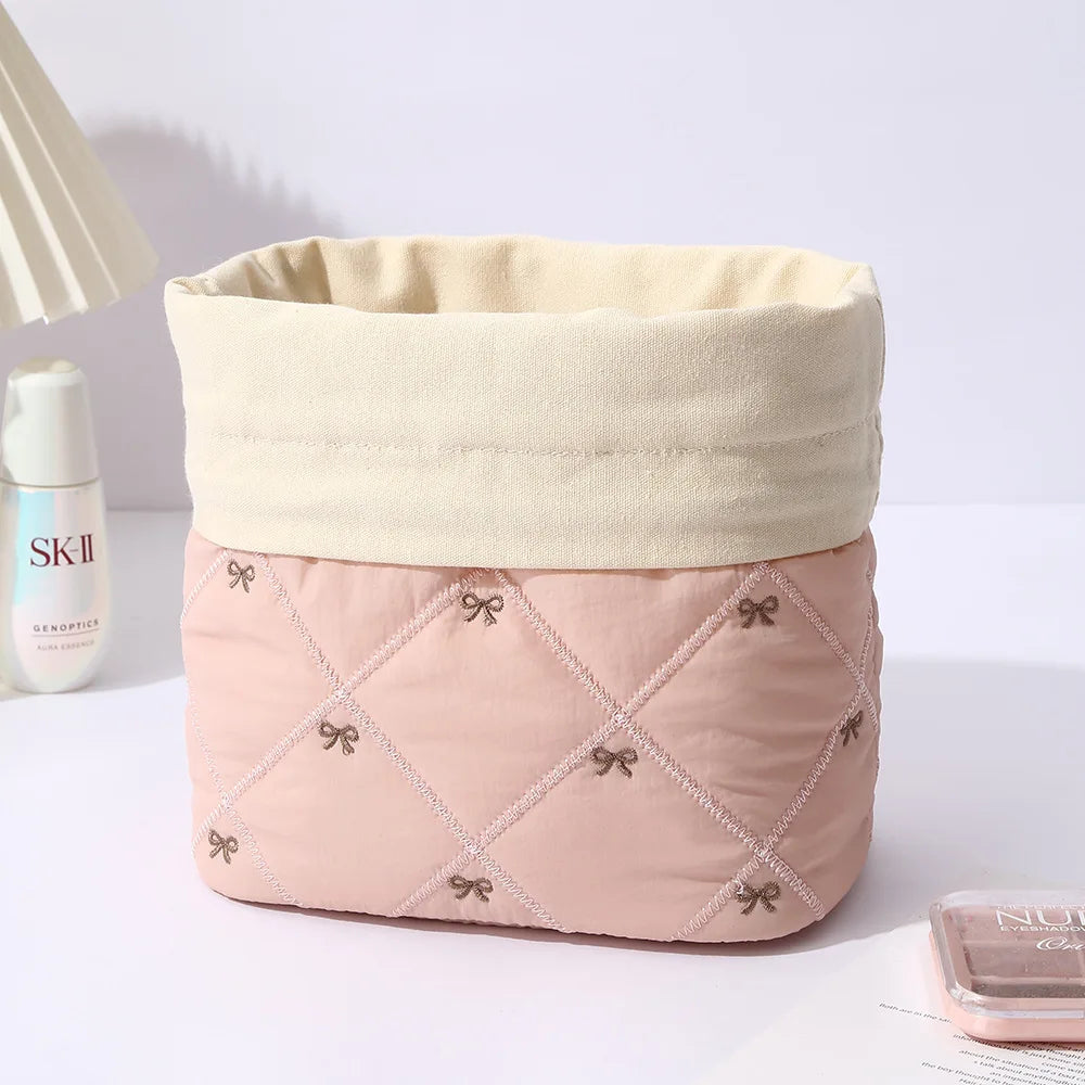 Quilted Drawstring Makeup Bag – Bow Embroidery Travel Organizer