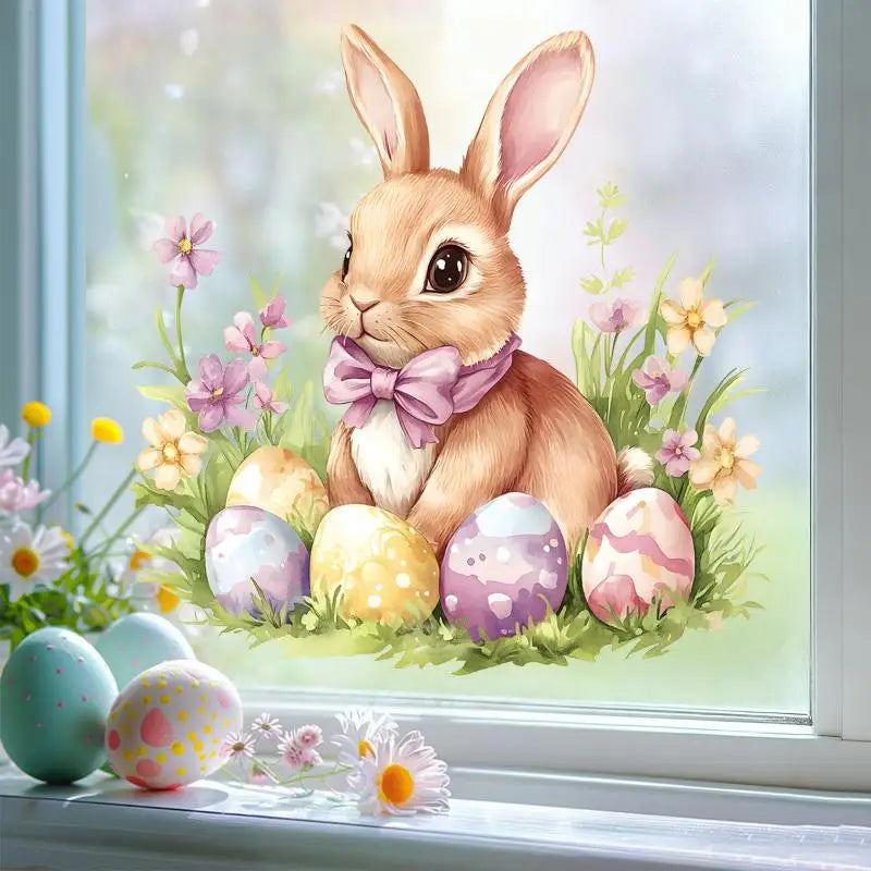 Easter Bunny & Flower PVC Window Stickers – Removable Decals