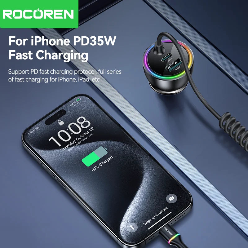Rocoren 70W USB Car Charger PD 35W Fast Charge + Spring Cable