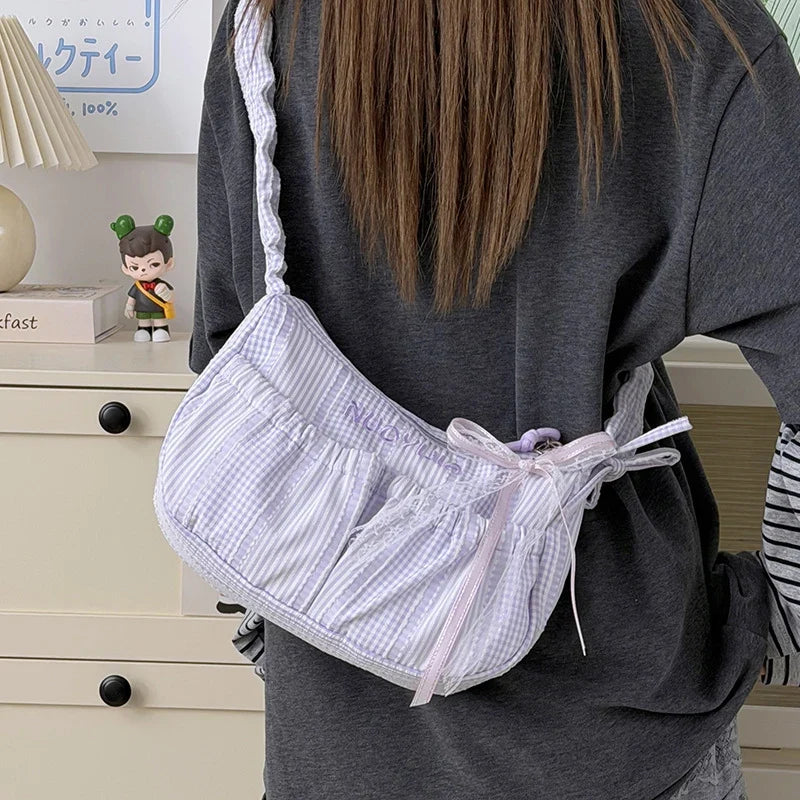 Blue White Plaid Lace Drawstring Crossbody Shoulder Bag