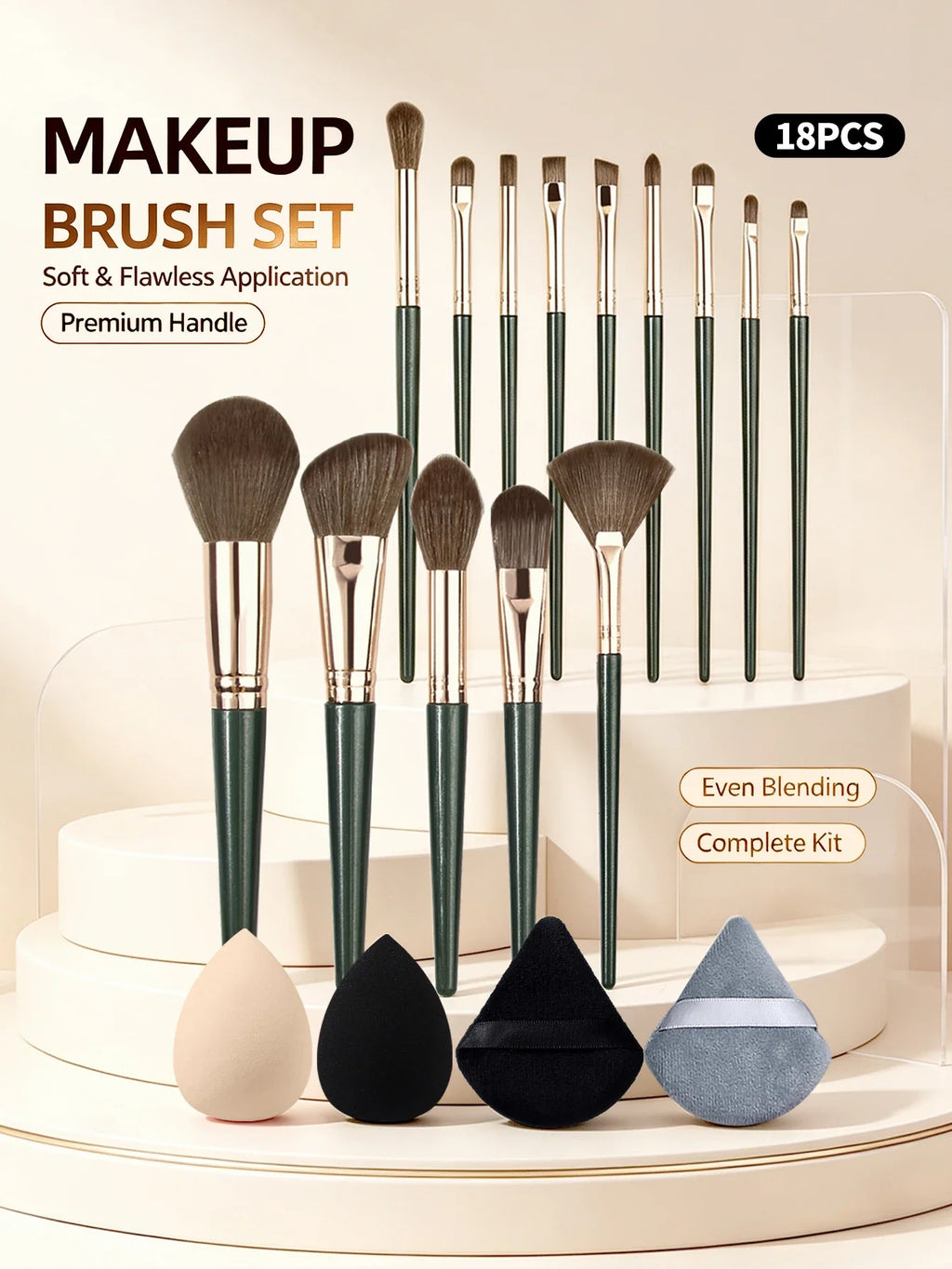 18-Piece Makeup Brush Set – Face, Eye, Sponges & Puffs Kit