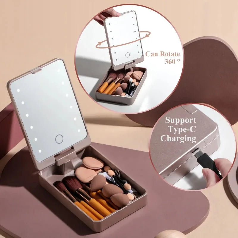 Travel Makeup Brush Set with Illuminated Folding Mirror & Sponges