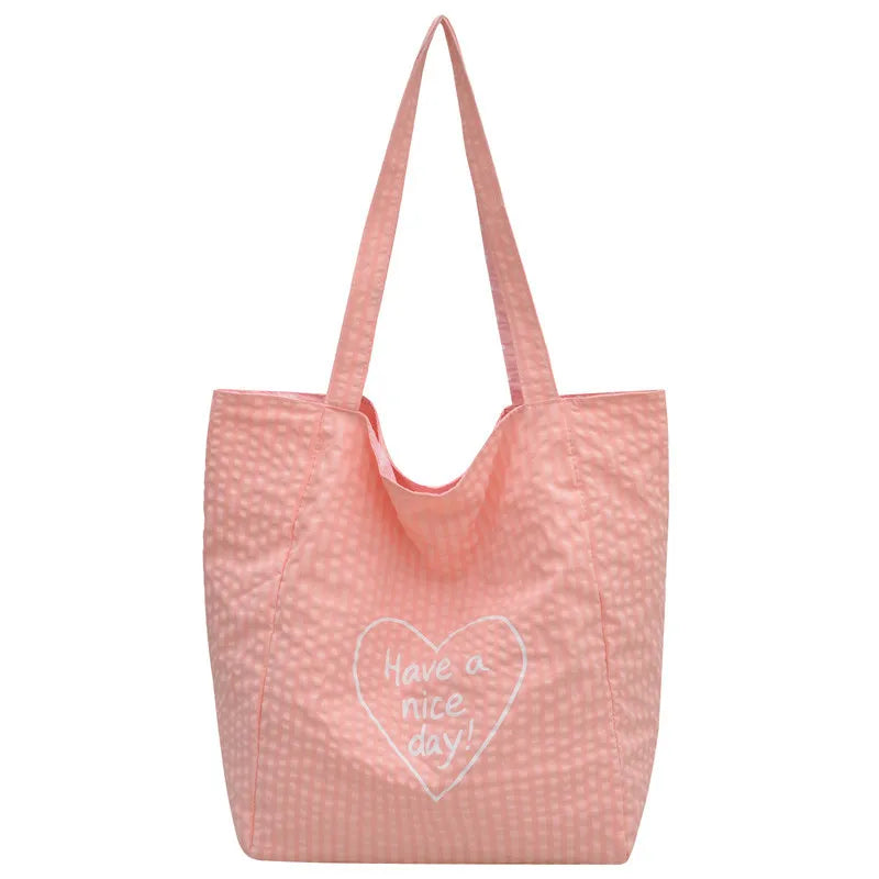 Double-Sided Plaid Polka Dot Canvas Tote Bag – Large Women's Shoulder Bag