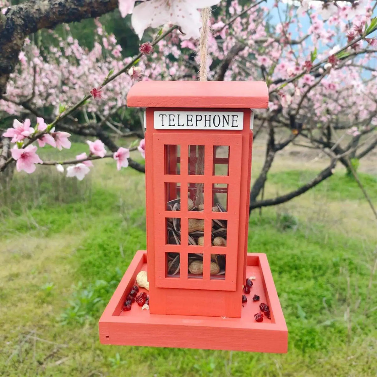 Red Telephone Box Wooden Bird Feeder | Hangable Garden Decor