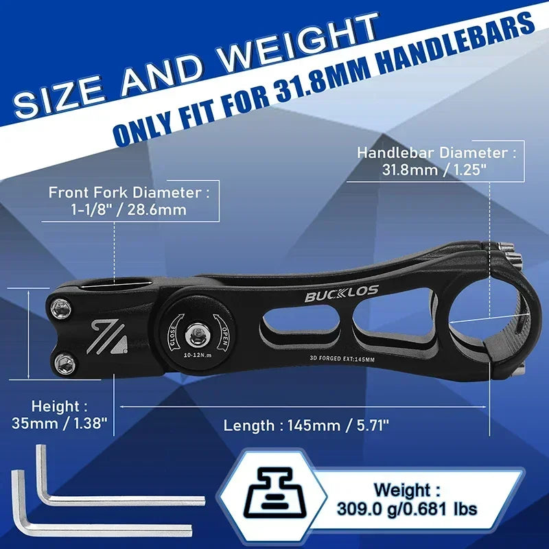 BUCKLOS Adjustable Bike Stem MTB ±80° Aluminum 90–145mm