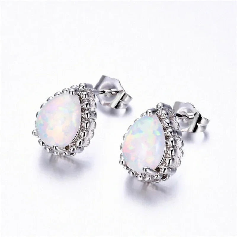 White Simulated Opal Drop Earrings – Trendy Dangle Studs