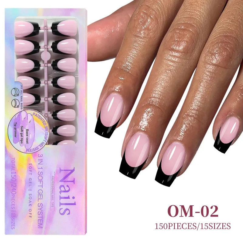 Black Pink French Tip Press On Nails with Rhinestones 24pcs