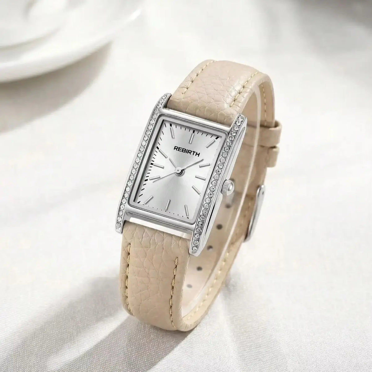 REBIRTH Women's Slim Square Dial Quartz Watch – Leather Strap