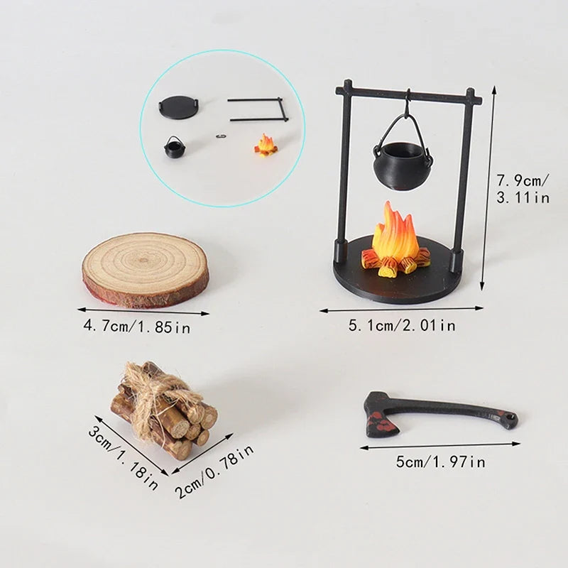Fantasy Miniature Campfire & Teapot Resin Sculpture Decor