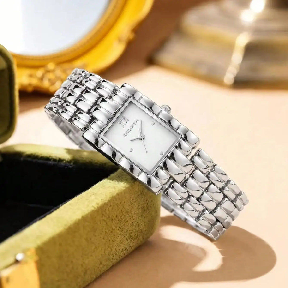 REBIRTH Vintage Square Women's Quartz Watch | Gold Chain Strap