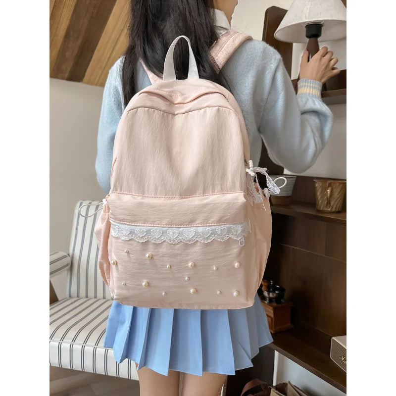 Girly Lace Pearl Backpack – Large Capacity Teen School Bag