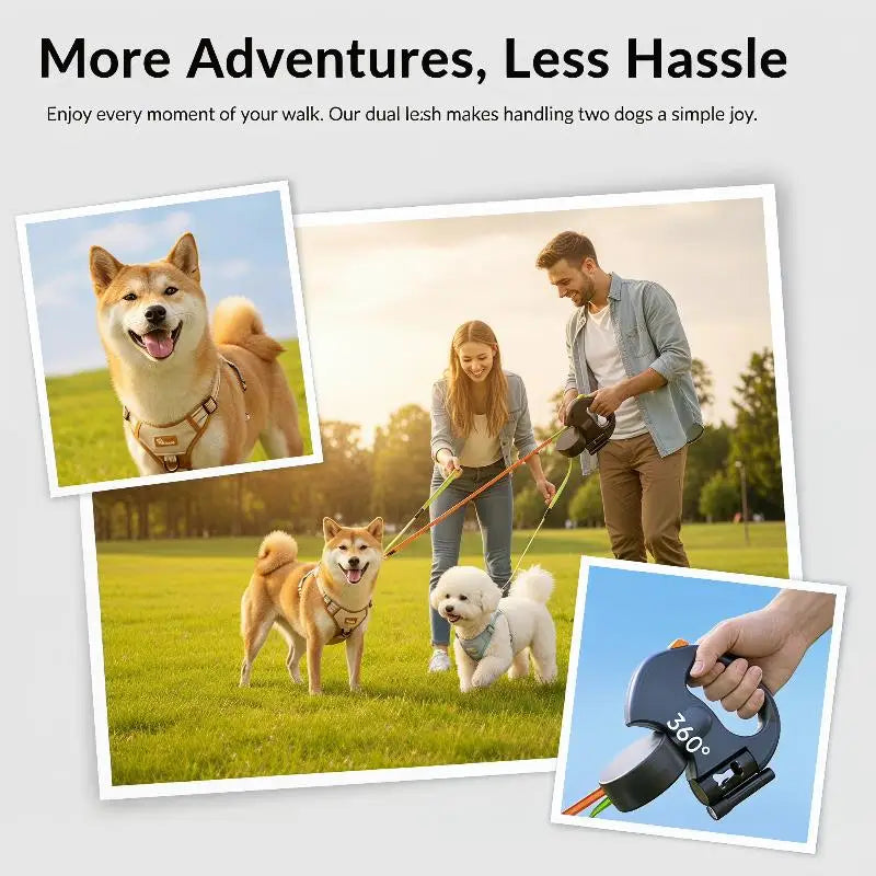 360° Double Dog Leash Retractable with Flashlight & Bag