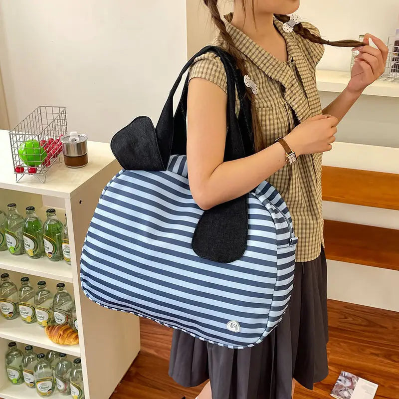 Vintage Striped Canvas Tote Bag | Korean-Style Shoulder Handbag