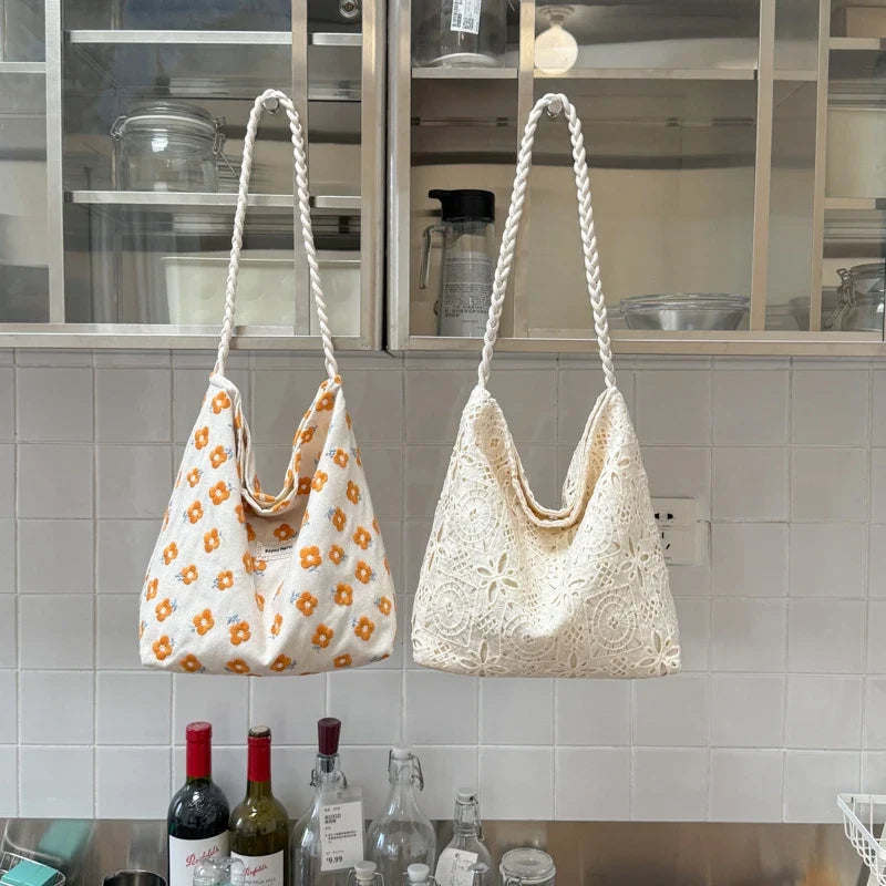 Women Floral Canvas Tote Bag – Large Capacity Shoulder Bag