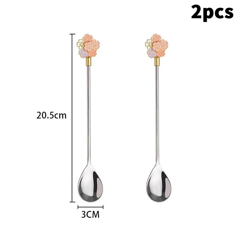 Stainless Steel Cherry Blossom Dessert Spoons, Set of 2