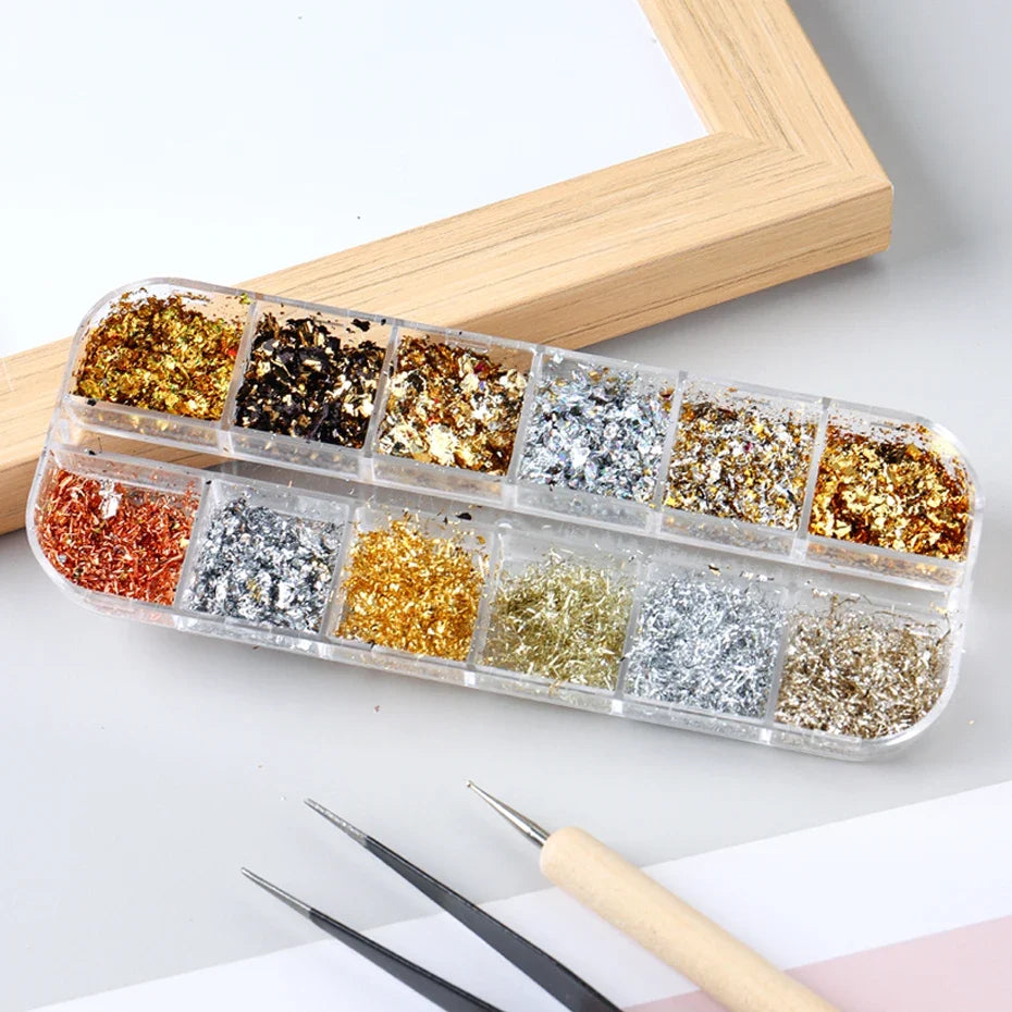 12-Grid Gold & Silver Glitter Nail Art Flakes Sequins Set
