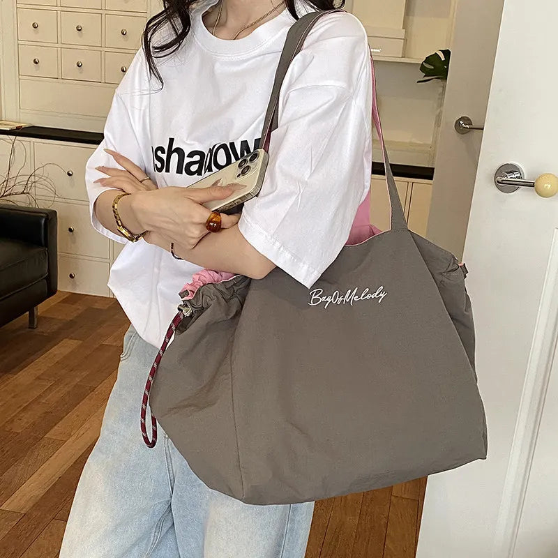 Women's Reversible Canvas Drawstring Shoulder Tote Bag