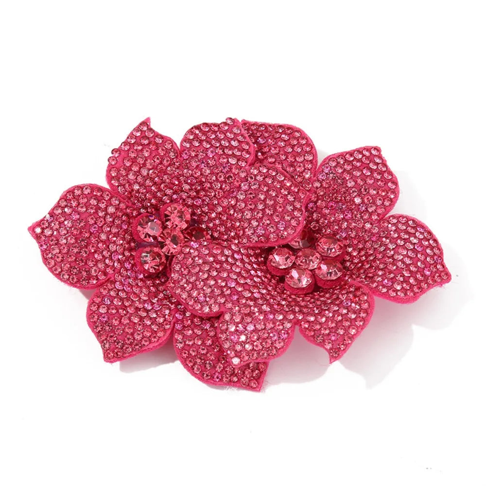 3D Camellia Rhinestone Flower Patch – Sparkling Rose Brooch