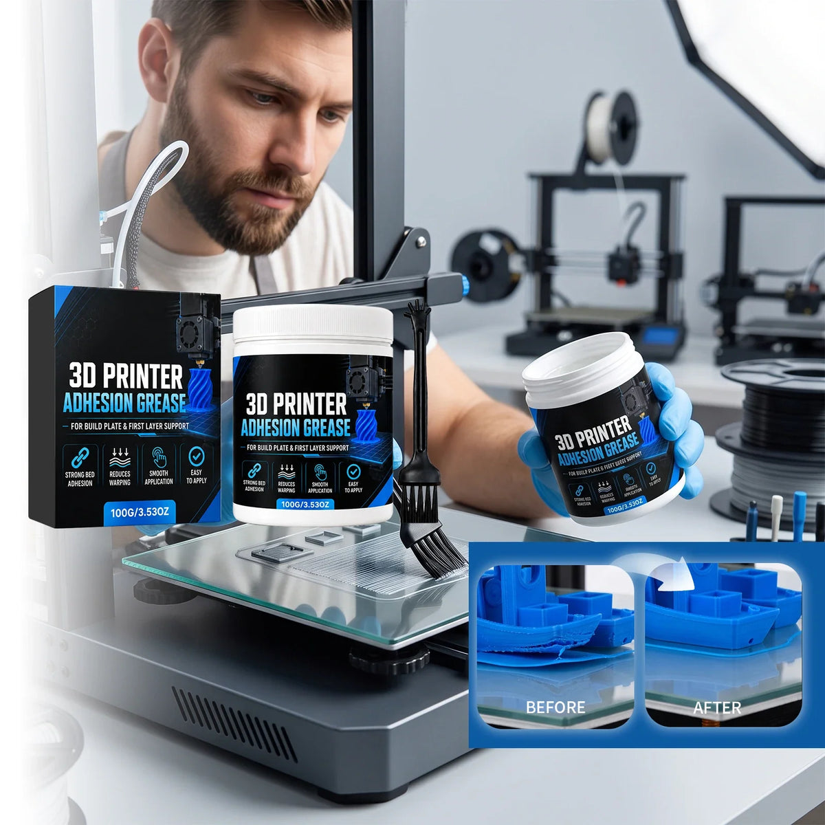 3D Printer Bed Adhesion Grease with Brush | PLA ABS PETG
