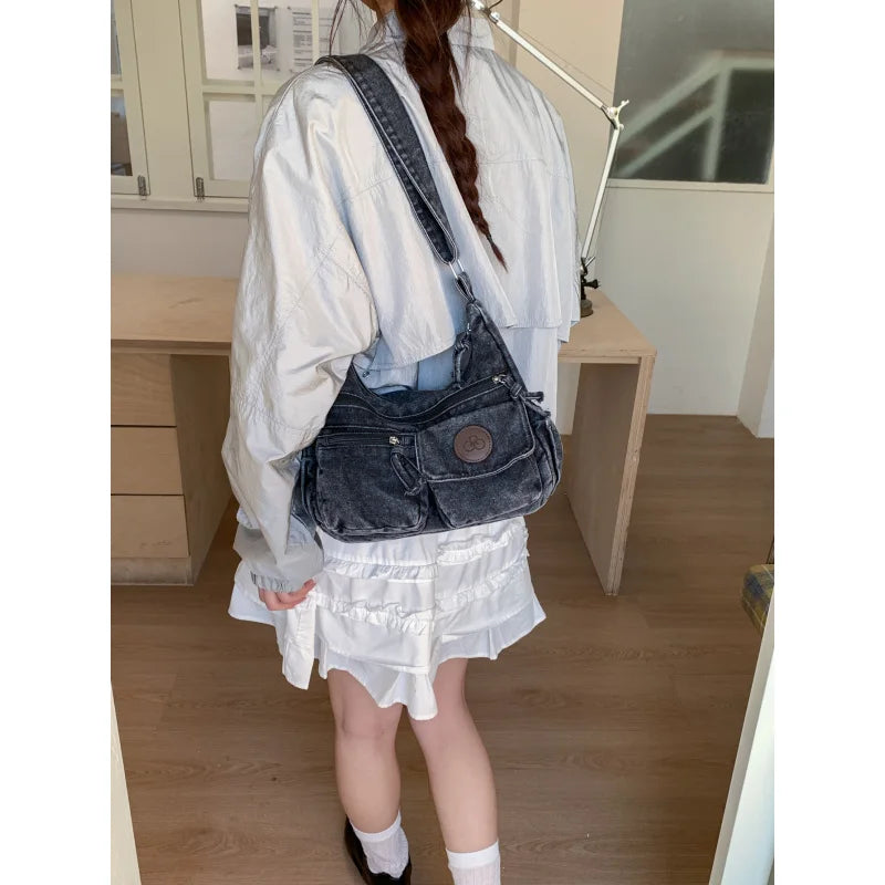 Japanese Washed Denim Multi-Pocket Women's Shoulder Bag