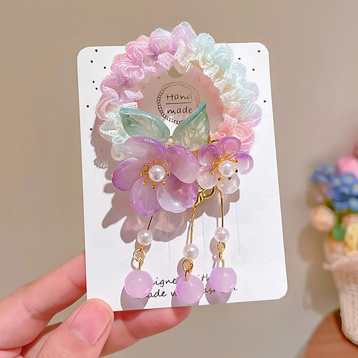 Girls Hanfu Floral Hair Tie with Pearls & Beads | Elastic Bun Rope