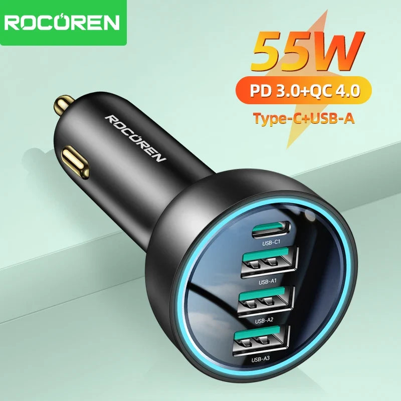 Rocoren 55W 4-Port USB-C Car Charger | QC3.0 Fast Charging