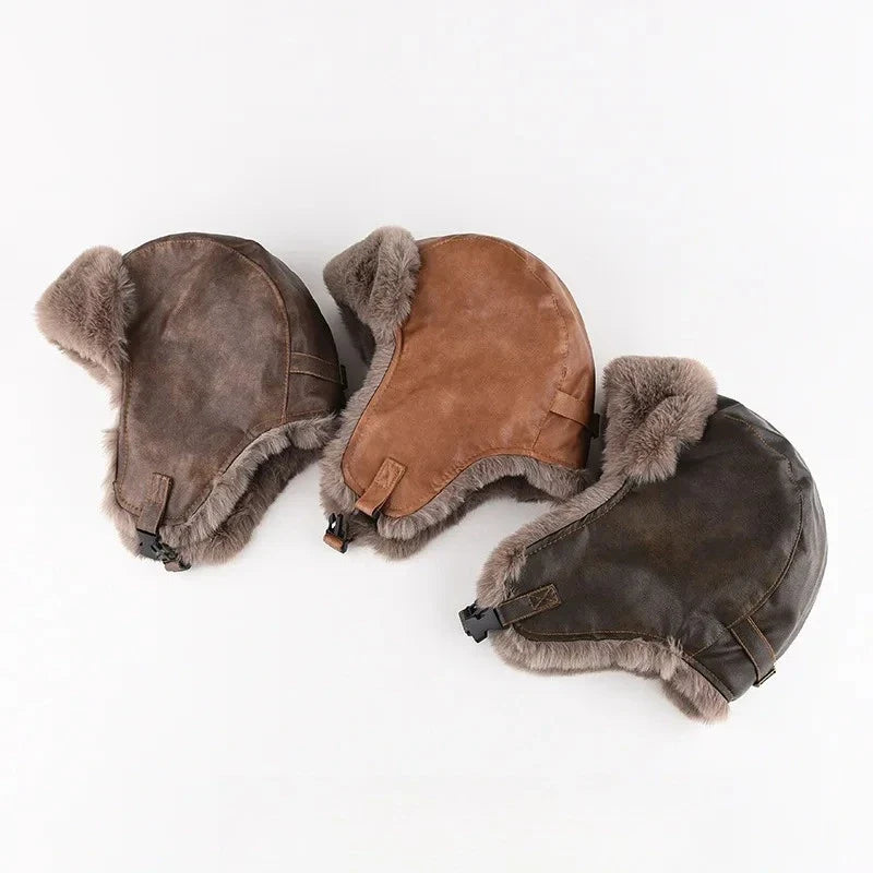 Faux Leather Fur-Lined Bomber Trapper Hat with Ear Flaps
