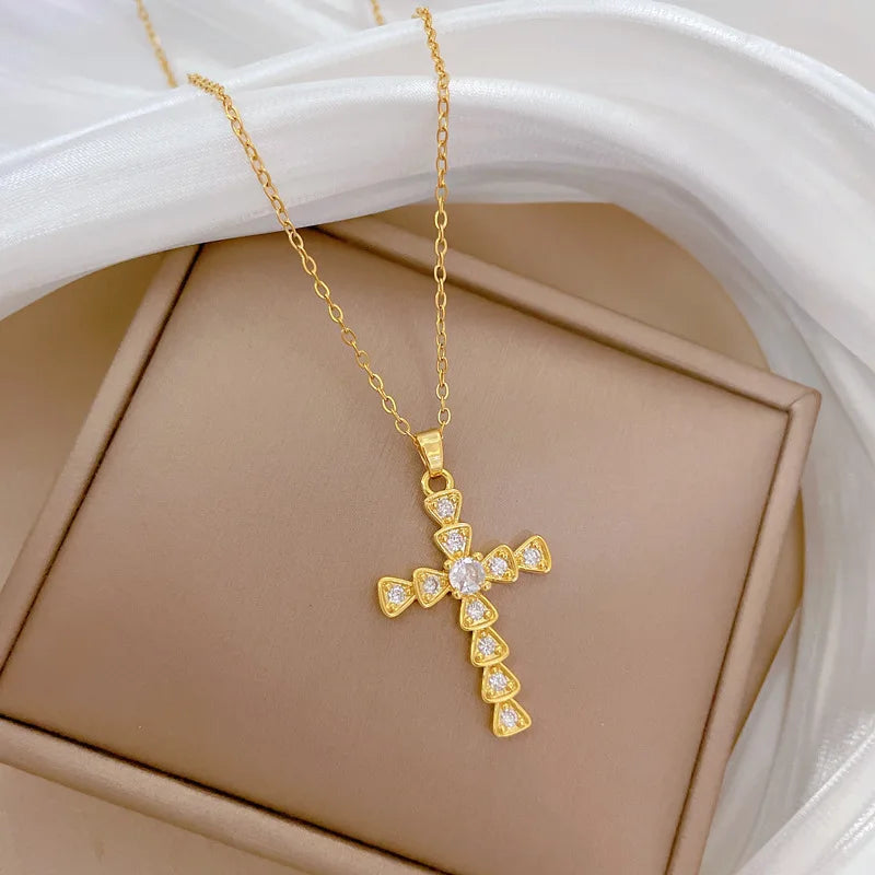 Women's Gold Cross Pendant Necklace – Stainless Steel Choker