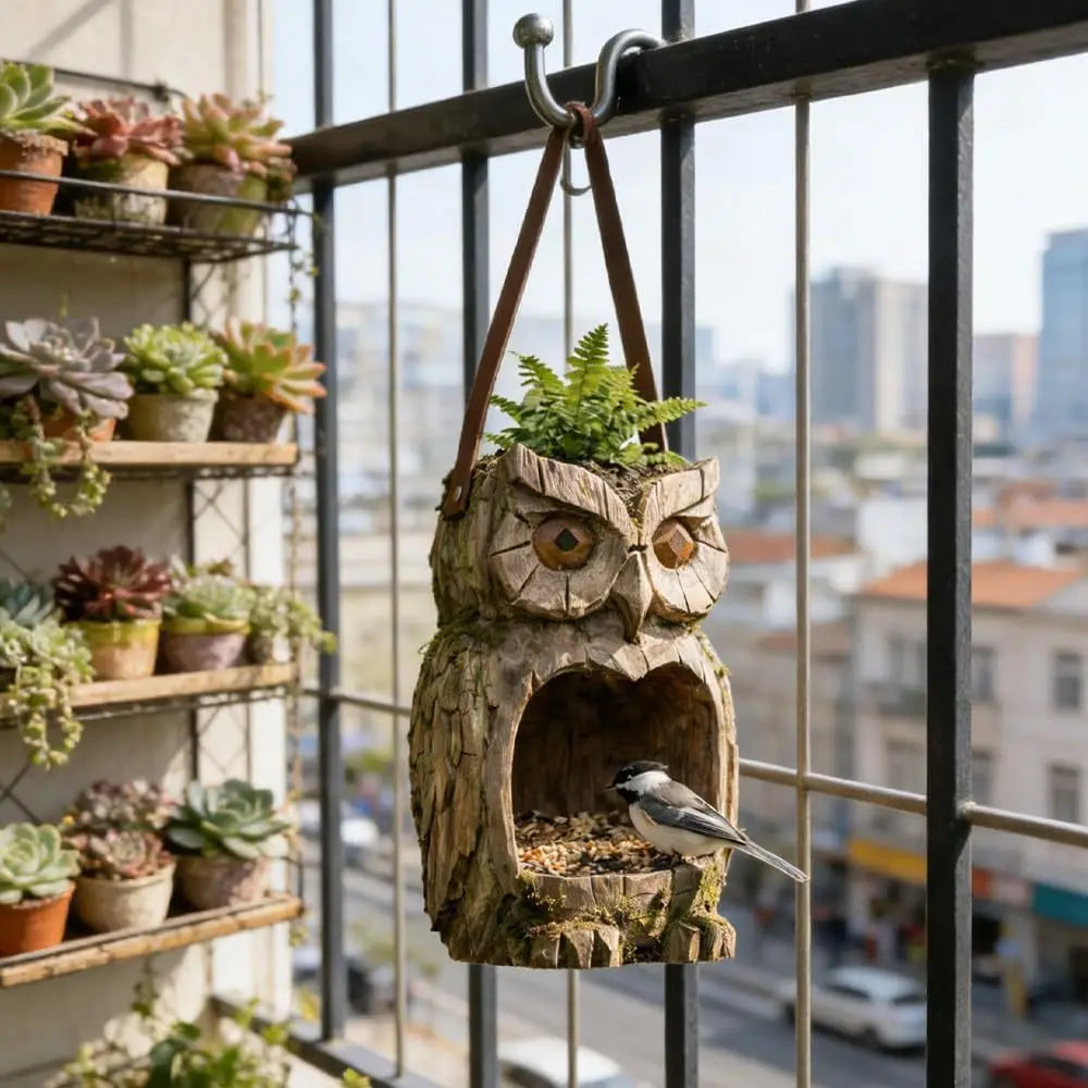 Owl Bird Feeder – Realistic Resin Hanging Feeder for Garden